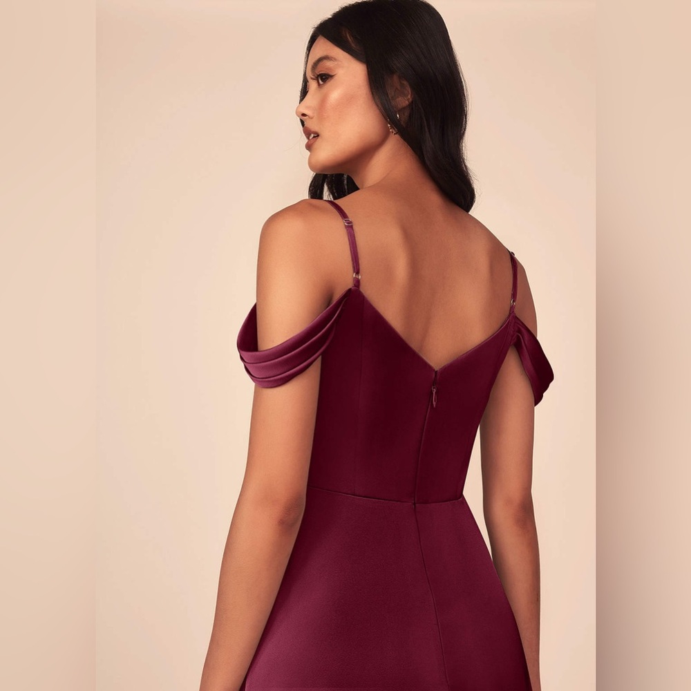Azazie Burgundy Off-Shoulder Satin Maxi Dress with Slit - Picture 4 of 11